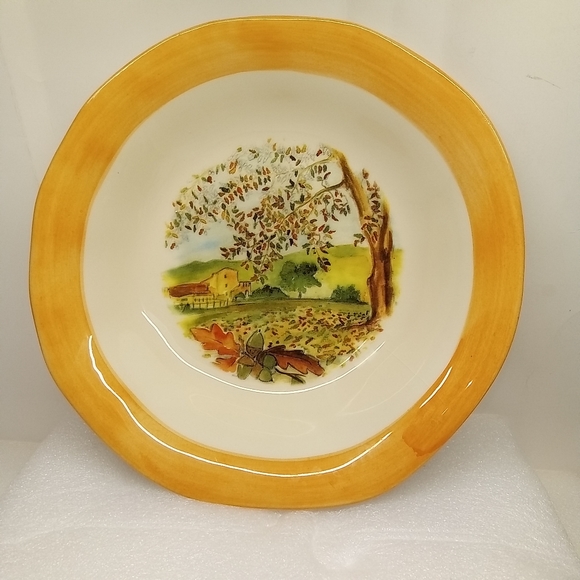 CERAMICHE TADINATE 10" Pasta Soup Salad Bowl Peach Rim Autumn Italy Farm Scene - Picture 5 of 14